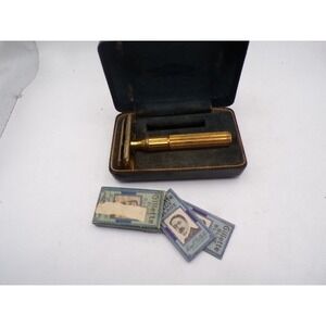 Vintage Gillette Aristocrat Gold Safety Razor Set Case & Blue Blades Made in USA
